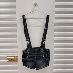 Blue Asphalt Womens Dark Wash Distressed Denim Overall Shorts Bib Size 7 Y2K